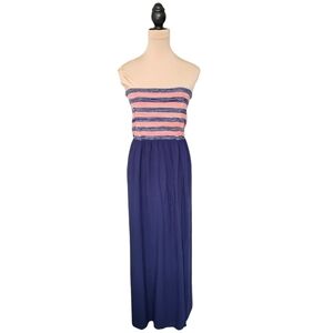 RACHEL Rachel Roy Navy Blue and Orange Strapless Maxi Dress Sz M